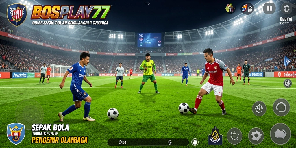 Screenshot utama BOSPLAY77 menampilkan gameplay sepak bola yang menarik.