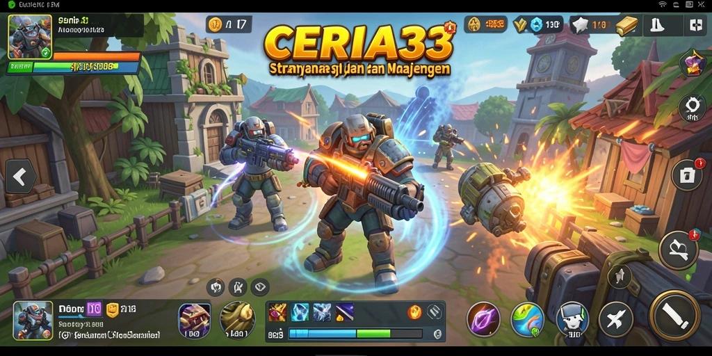 Screenshot CERIA33 menampilkan pertarungan strategis dan manajemen kota.