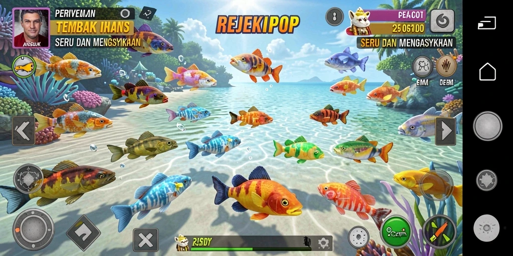 Screenshot gameplay seru REJEKIPOP yang menampilkan aksi menembak ikan.