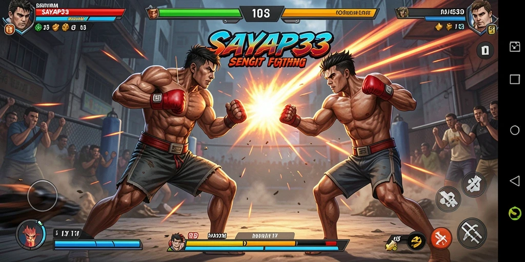 Tampilan gameplay SAYAP33 dengan pertarungan seru dan karakter unik.
