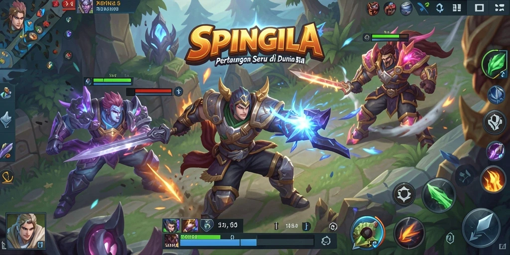 Tangkapan layar utama <strong>SPINGILA</strong> yang menunjukkan aksi pertempuran MOBA yang seru.