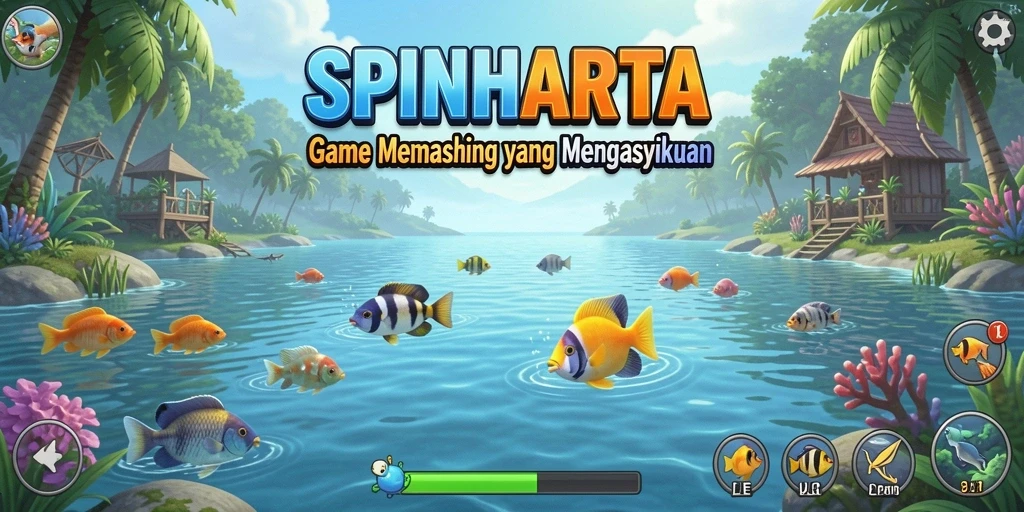 Tampilan gameplay SPINHARTA saat menangkap ikan di danau yang tenang.