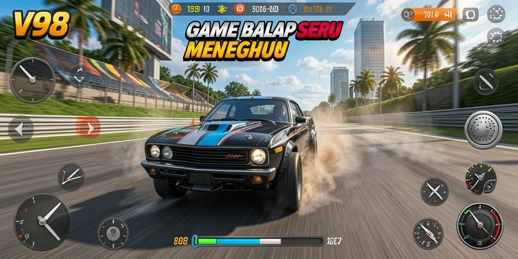 Screenshot V98 memperlihatkan aksi balapan seru dan grafis yang mengagumkan.